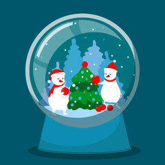 Glass snow globe with snowmen and a Christmas tree inside against a background of blue fir trees. Cartoon illustration on the theme of Christmas. There is a place for your text.