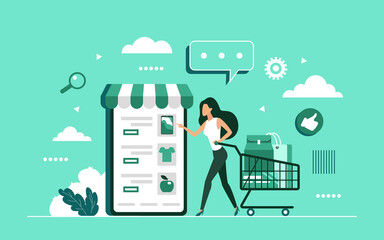 Shopping online with mobile smartphone shop app service vector illustration. Cartoon tiny consumer buyer woman holding shopping cart to buy in modern internet store on sales concept background