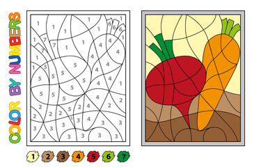 We paint by numbers. Puzzle game for children education. Numbers and colors for drawing and learning mathematics. Vector vegetables