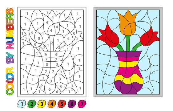 We paint by numbers. Puzzle game for children education. Numbers and colors for drawing and learning mathematics. Vector flowers
