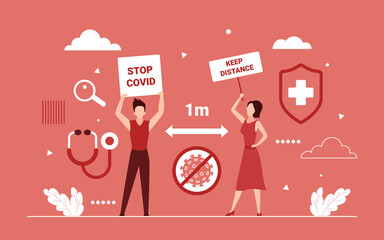 Keep social distance vector illustration. Cartoon man woman characters distancing, keeping 1 m physical distance between people, holding warning signs to stop covid19 corona virus concept background