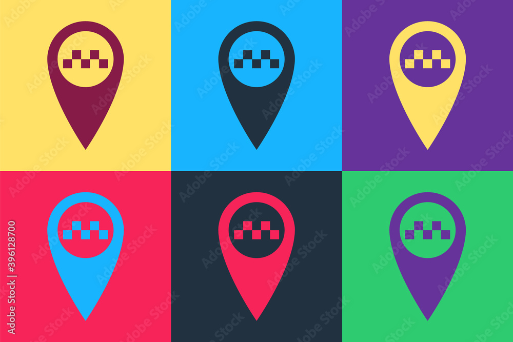 Poster pop art map pointer with taxi icon isolated on color background. vector.