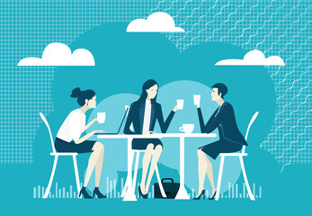 Group of young women in cafe enjoying lunch time, talking and sharing the news. 