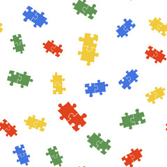 Color Piece of puzzle icon isolated seamless pattern on white background. Business, marketing, finance, template, layout, infographics, internet concept. Vector.