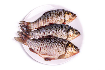 Fresh crucian fish on a plate, prepared for frying. Freshwater fish.
