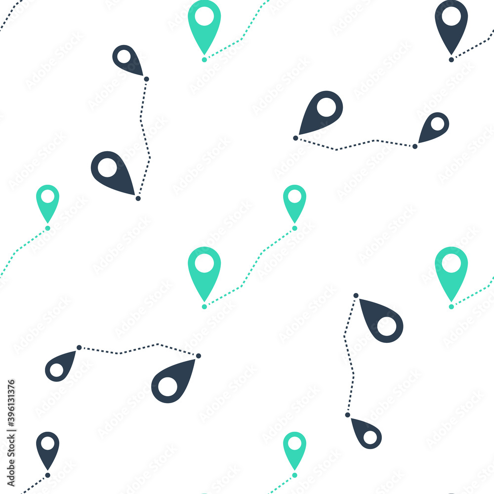 Poster green route location icon isolated seamless pattern on white background. map pointer sign. concept o