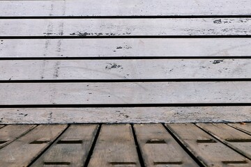 Empty old wooden planks wall and grunge wooden table background, Pale from weathering.