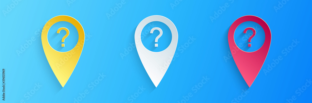 Poster paper cut map pointer with question symbol icon isolated on blue background. marker location sign. f