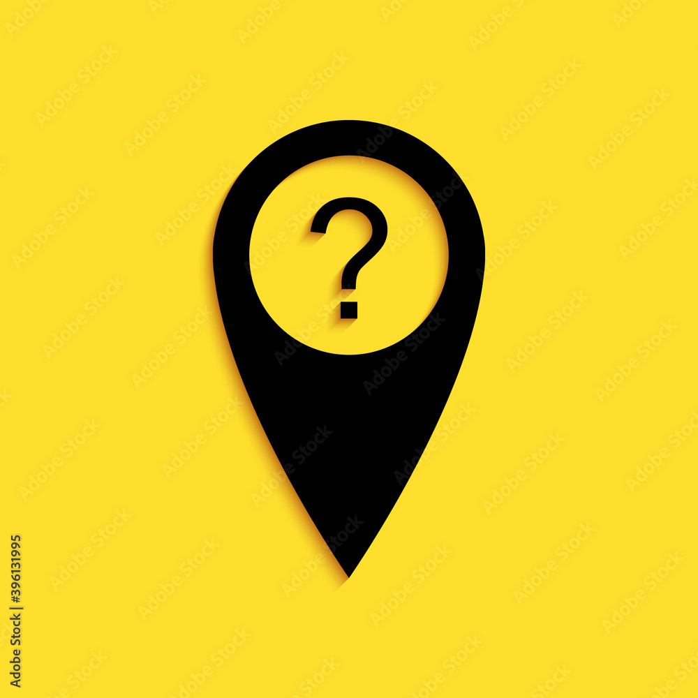 Poster black map pointer with question symbol icon isolated on yellow background. marker location sign. for
