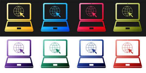 Set Website on laptop screen icon isolated on black and white background. Laptop with globe and cursor. World wide web symbol. Vector.