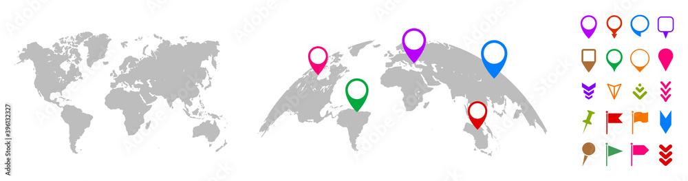 Poster World Map Earth Planet with set pin map marker pointer icon, GPS location flat symbol, arrows and flag signs – stock vector