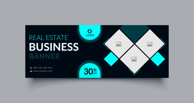 Real estate business facebook cover page timeline web ad banner template with photo place modern layout black background design