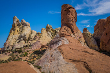 Fototapeta premium Typical arid and colorful landscape of the Valley of Fire in Nevada. Here the White Domes trail