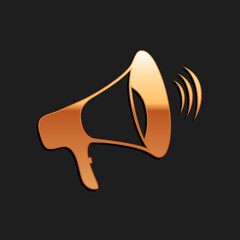 Gold Megaphone icon isolated on black background. Long shadow style. Vector.