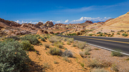Typical arid and colorful landscape of the Valley of Fire in Nevada.