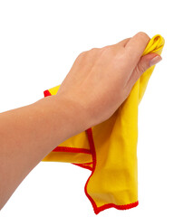 Yellow cleaning rag in hand isolated on the white