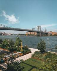 View of the Williamsburg Bridge, from Domino Park, in Brooklyn, New York City