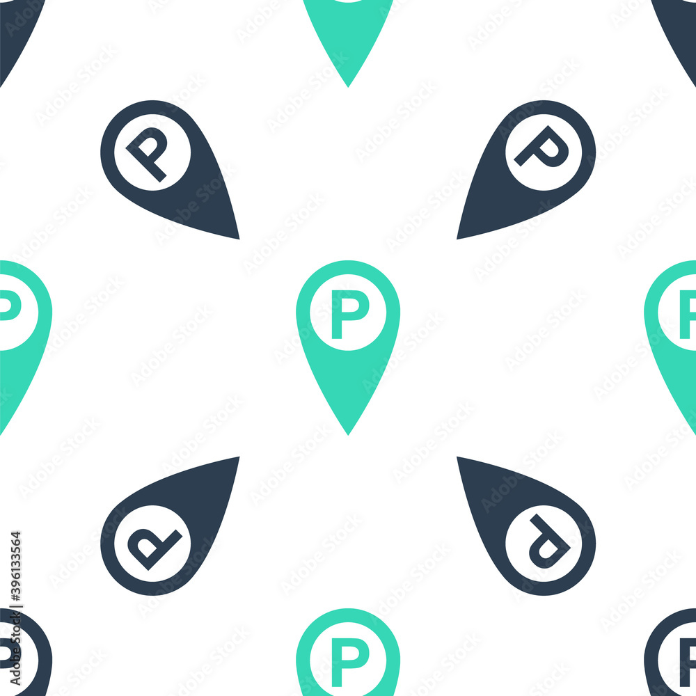 Poster green map pointer with car parking icon isolated seamless pattern on white background. vector.