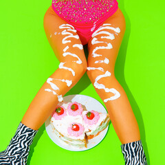 Fashion Girl 90s Party style with yummy crush cake. Holiday, emotions, night club life. Food sweety creative concept.