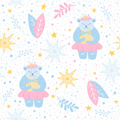 childrens christmas pattern with cute funny bears and flowers and leaves and snowflakes and stars. continuous seamless pattern vector blue and pink colors