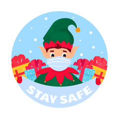 Funny elf wears a protective face mask