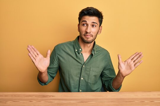 Young handsome man wearing casual clothes sitting on the table clueless and confused with open arms, no idea and doubtful face.