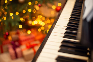 Piano keyboard with many christmas presents under the christmas tree on the background. Festive Christmas mood