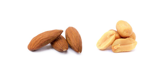 Group peanuts and almond isolated on white background