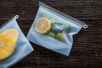 Fruits packed in environmentally safe silicone ziplock bags. Reusable eco-friendly kitchen products. Zero waste sustainable plastic free lifestyle