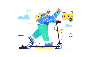 Fototapeta premium Guy with a backpack rides an electric scooter down the street, a guy in a hat isolated on a white background, flat vector illustration