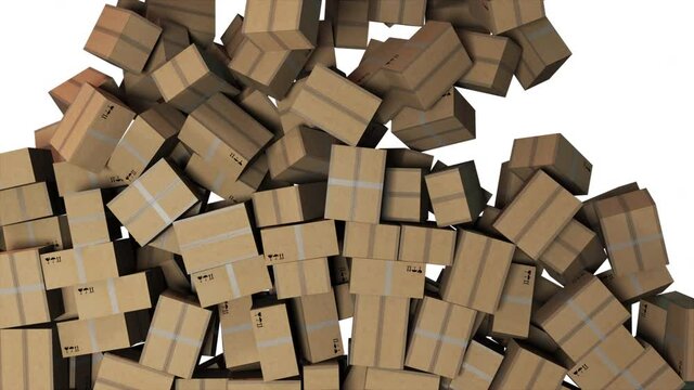 Many falling cardboard boxes, computer generated. 3d rendering of commercial business backdrop. Logistics and retail goods delivery.