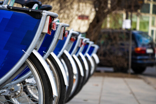 City Bike Rental - Stock Image, a row of bikes for hire as part of a new scheme to encourage.