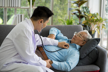 Asian medical doctor with stethoscope diagnosis the senior old patient in clinic hospital. Healthcare and medicine concept.. virus pandemic infection concept. 