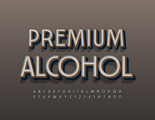 Vector elite emblem Premium Alcohol. Vintage style Font. Elegant Alphabet Letters and Numbers set