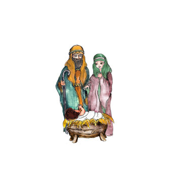 Watercolor Nativity scene hand painted isolated