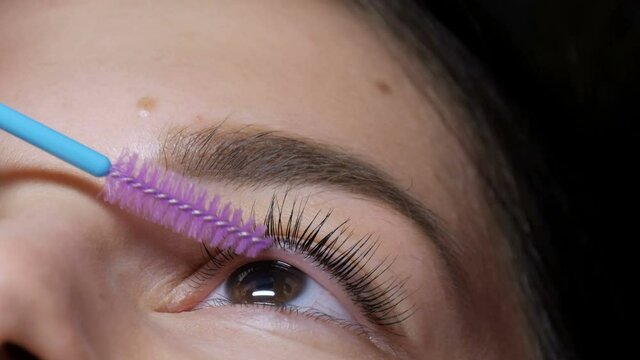 Face of young girl modern eyelash lamination procedure in a professional beauty salon. The master combs the eyelashes with a special brush during the eyelash curling procedure with a special brush.