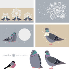 set of winter illustrations. birds and snowflakes on a gray and beige background. Suitable for creating winter, holiday, New Year, New Year backgrounds, postcards, posters
