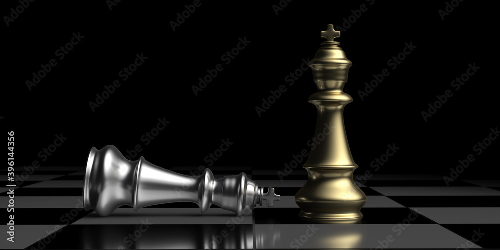 Sticker Silver chess king laying down and golden king standing up winner on a chessboard, checkmate. 3D illustration.