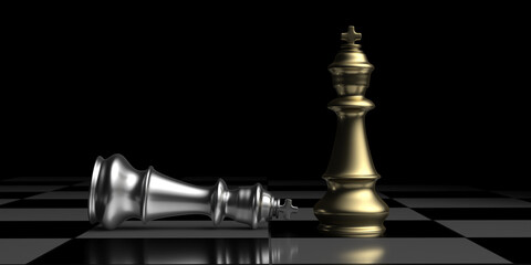 Silver chess king laying down and golden king standing up winner on a chessboard, checkmate. 3D illustration.