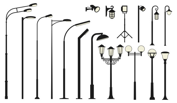 Street lamp lights isolated on white background. Сollection of vector city lanterns.