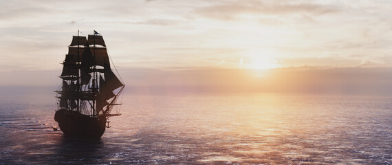Fototapeta premium Pirate ship sailing on the ocean at sunset