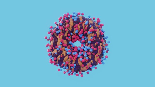 Chocolate donut with colorful round candy balls. Abstract swirling donut with filling sweet sprinkling. 3d render.