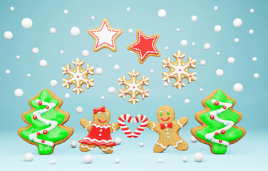 Cute christmas wallpaper with gingerbread characters girl and boy, fir trees, red and white stars and heart-shaped candy canes on pastel light blue background. Festive 3D design with handmade 