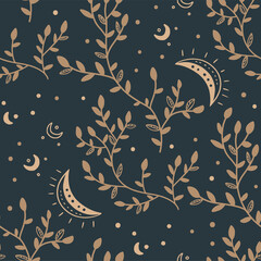 Mystical and Celestial Seamless boho vector pattern. Esoteric crescent moon and floral background.