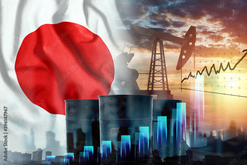 Wall mural image of the japanese flag, oil pump rig and barrels with graphs. the concept of oil production, reg