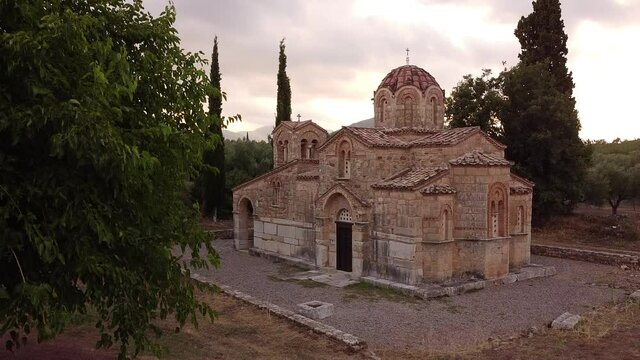 Aerial view of St. Samarina church in Messinia region at dusk