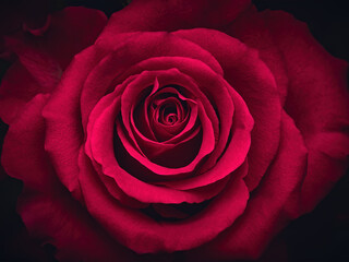 Red rose flower,close-up with selective focus and dark blurred background. Low key beautiful blooming rose picture for decoration. Single lush rose head, crimson mysterious flower top view     