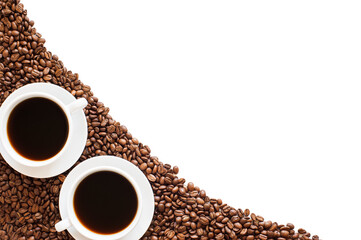 Сorner frame made from coffee beans and cups of black coffee. Copy space.