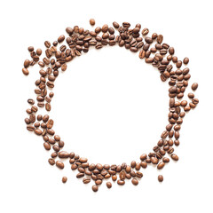 Coffee beans with round copy space. Round frame made of coffee beans.