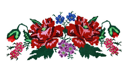 Ukrainian hand embroidery. Embroidered flowers in the old style. Composition of flowers. Isolated on a white background. - 396149389